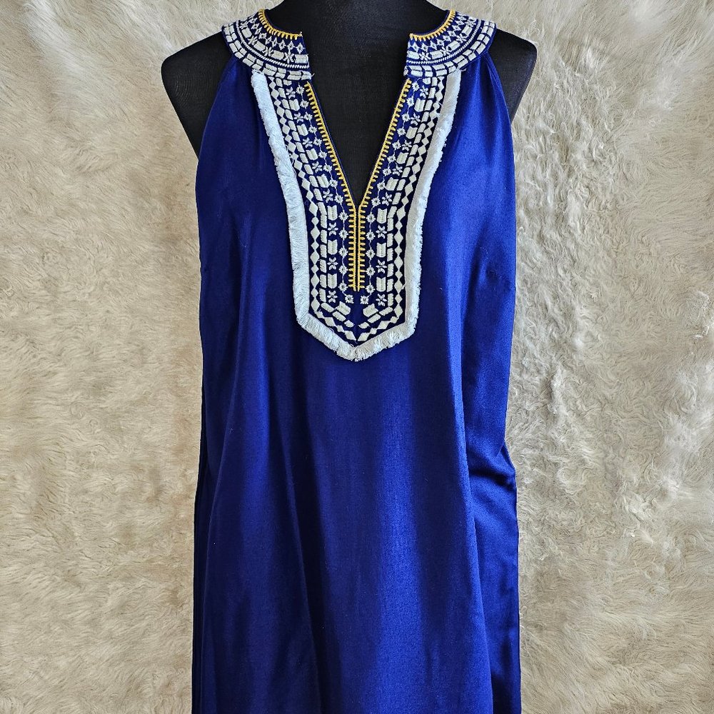 Mud Pie Women’s Blue Boho Embroidery Trim Sleeveless Dress Size L(12-14)